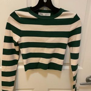 Zara green and cream striped size small cropped sweater.